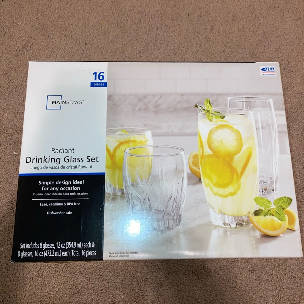 MainStays glass set. 16 glass. 8 short and 8 tall drinking glasses.
